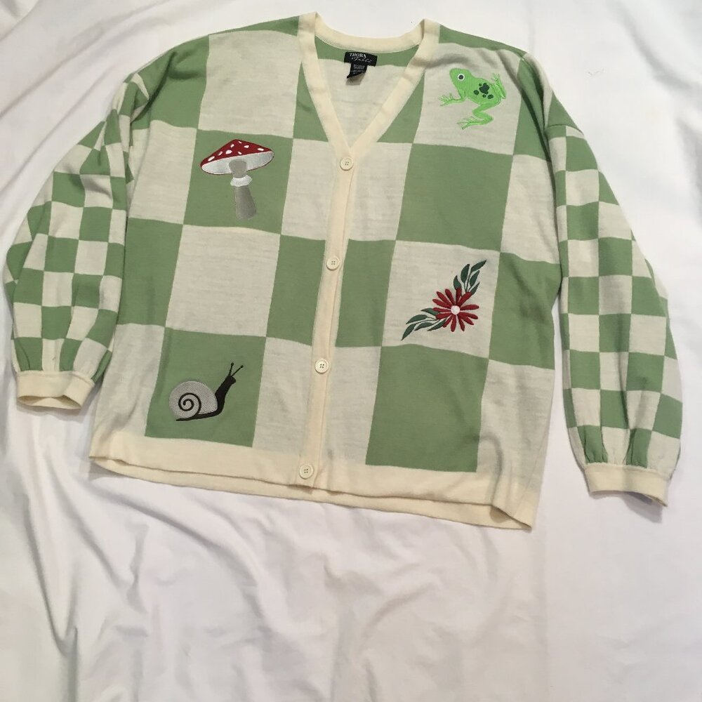 sz 3 xl Thorne & Fable cottage core sweater embroiderd mushroom frog snail